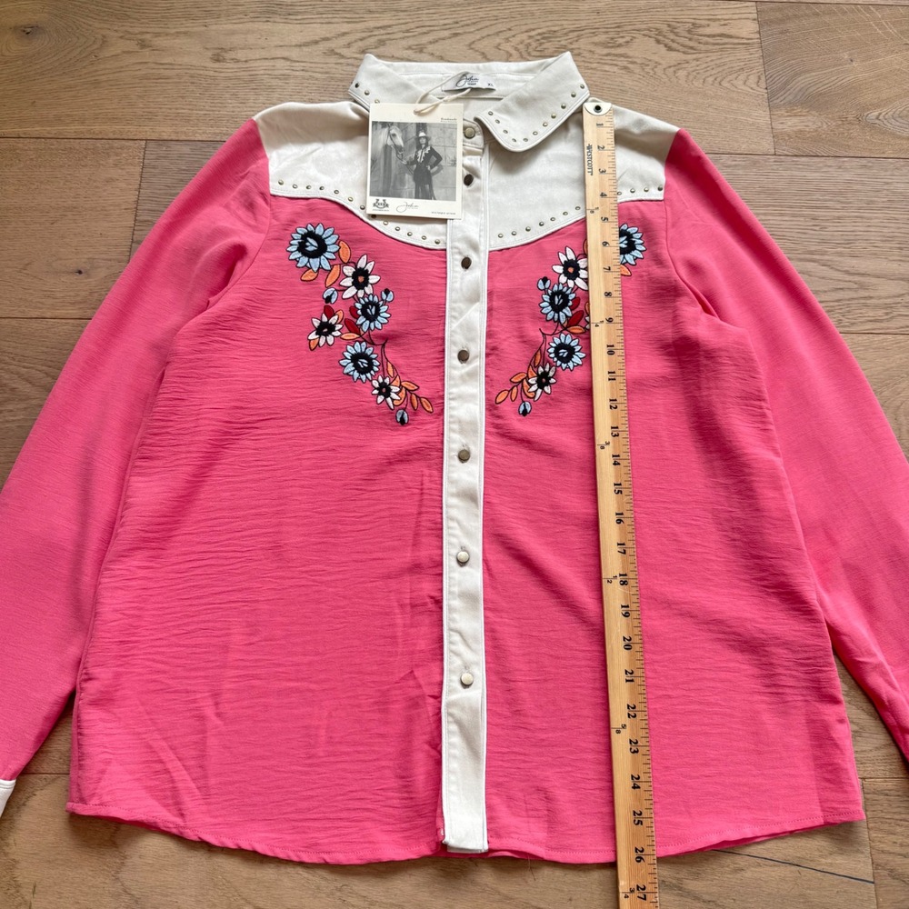 John Moon Texas Pink Western Shirt Floral Embroidery Fringe Studded XL Handmade - Picture 10 of 14